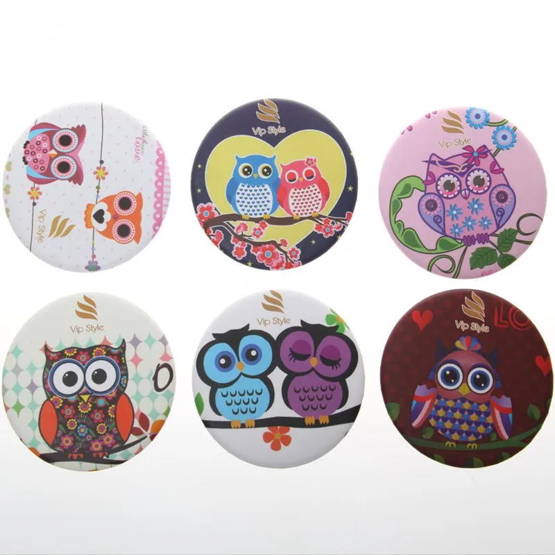 

6pcs 75mm Exquisite plastic Portable pocket mirror round shape foldable makeup mirror cute owls design Cosmetic mirrors