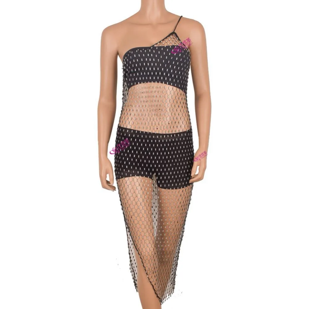

YOLOMI Womens Maxi Dresses Plus Size Black Mesh Rhinestones Bodycon Dress Sleeveless Rhinestone Body Chain Clothing BD1115J