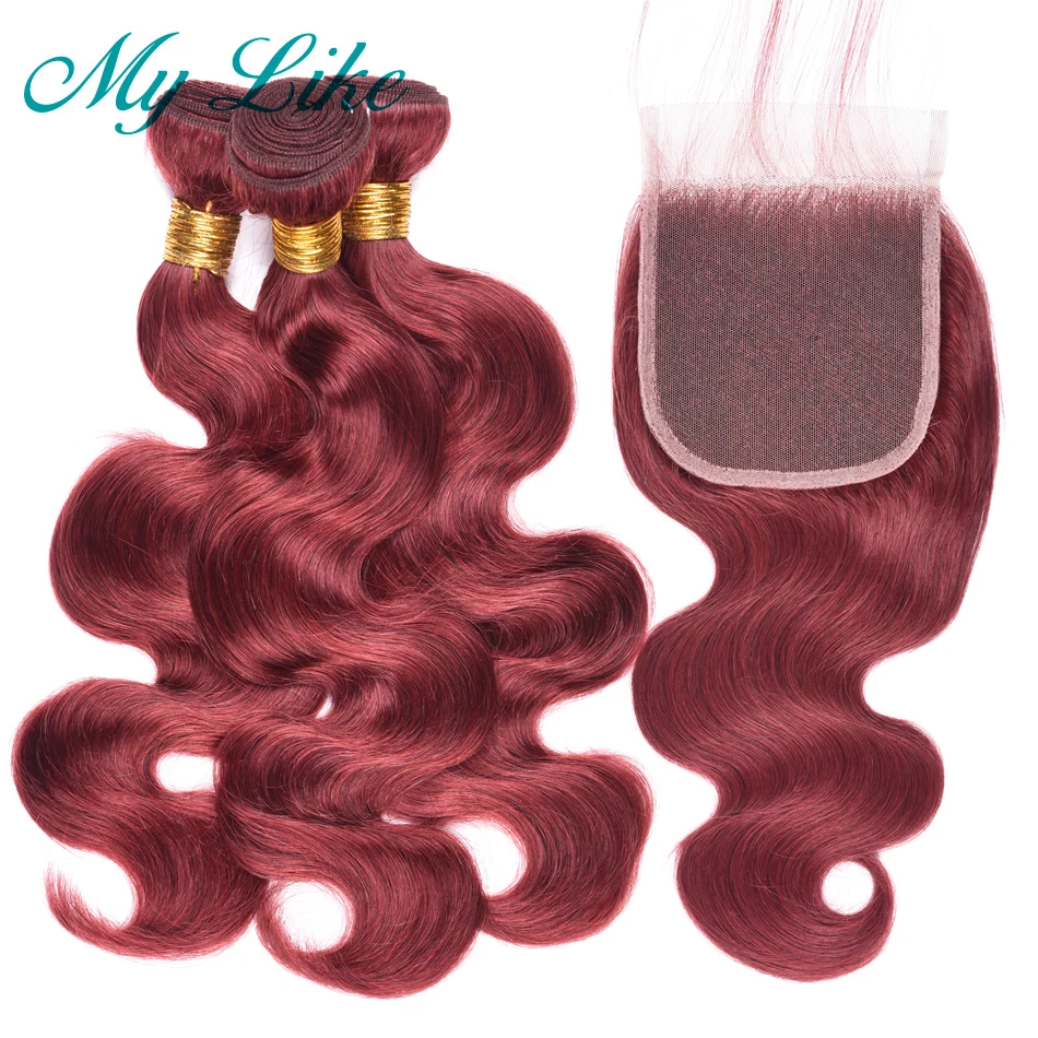My Like индийские волосы плетение тела волна пучки с закрытием не Реми наращивание волос 3 Связки с закрытием #33 Bold Red натуральные волосы
