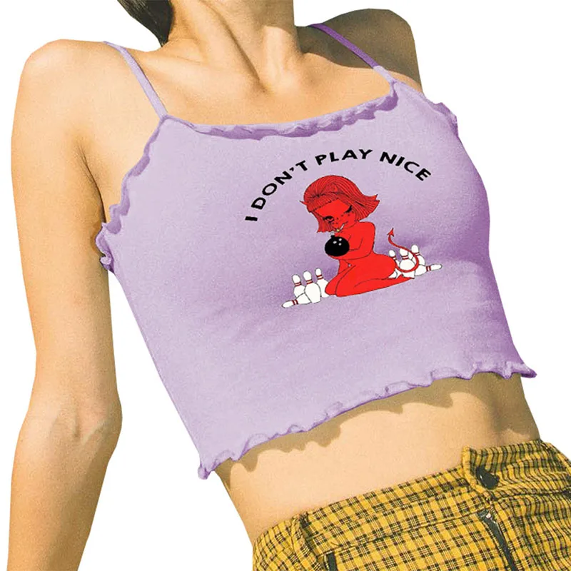 

Women Angel I DON'T PLAYing NICE Letter Print Cami Summer Spaghetti Strap Backless Crop Top Streetwear Bralet Tops S-L
