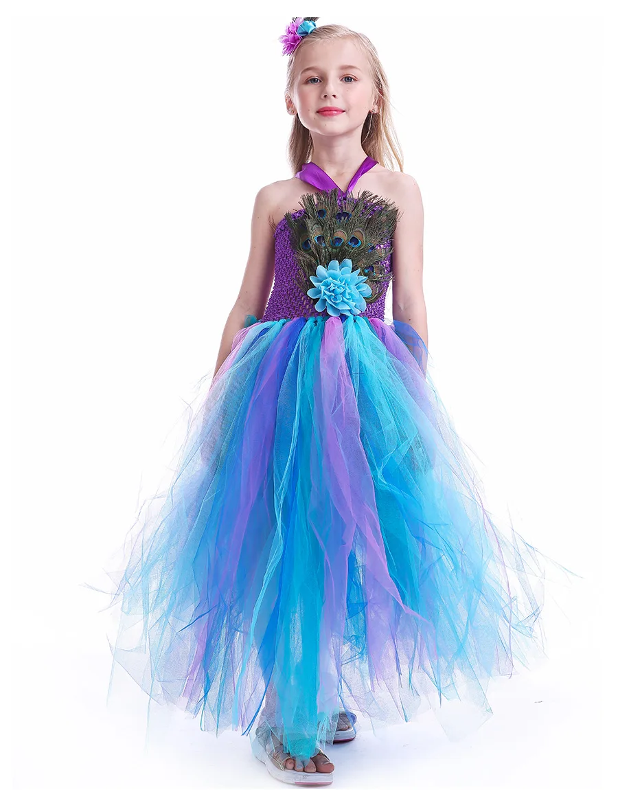 Peacock Feather Flower Girl Tulle Tutu Dress Pageant Wedding Halloween Costume Kids Birthday Party Purim Couture Dress (19)