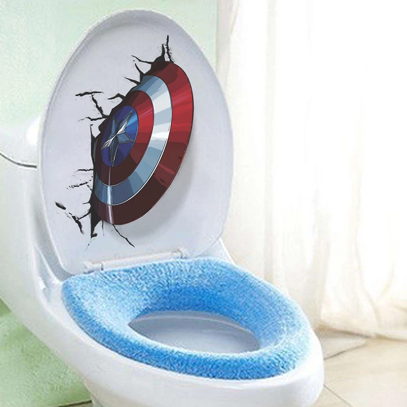 3D яркий Капитан Америка щит через наклейки на стену для украшение для туалета Мстители настенные наклейки для дома Искусство ПВХ настенные плакаты