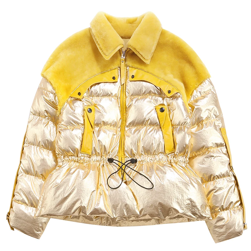 Winter Jacket Women 90% White Duck Down Coats 2019 New Arrival Glossy Patch Lamb Wool Female Parka Tied Waist Womens Down Jacket