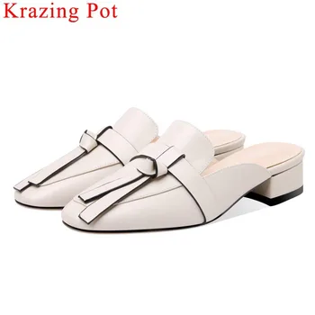 

Krazing Pot cow leather slip on mules slingback women pumps square toe superstars chunky heels simple style daily wear shoes L77