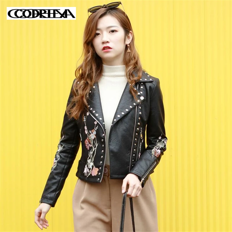 

Autumn New Fashion Women Motorcycle Leather Jacket Flower embroidery Coats Streetwear Moto Faux Leather Coat Pu leather Outwear