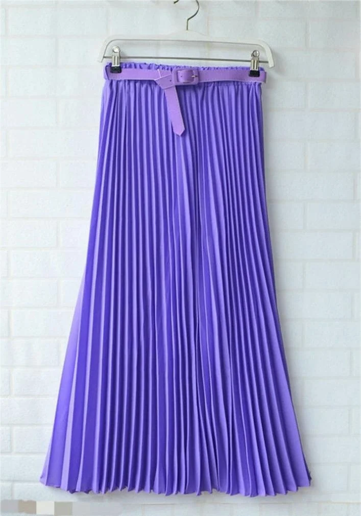 Womens Skirt Belt High Waist Solid Color Retro Maxi Chiffon Pleated Elegant Long Skirt Summer Skirt Womens New 13 Styles