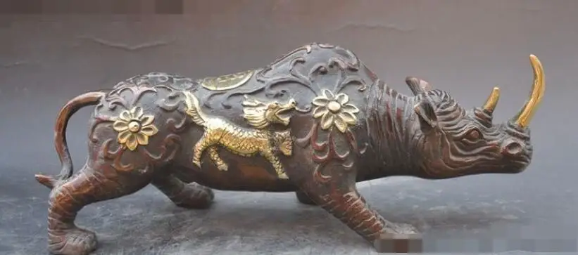 

S3539 9"China fengshui Bronze Gilt Kylin Flower Bull Ox Rhino Rhinoceros Horn Statue