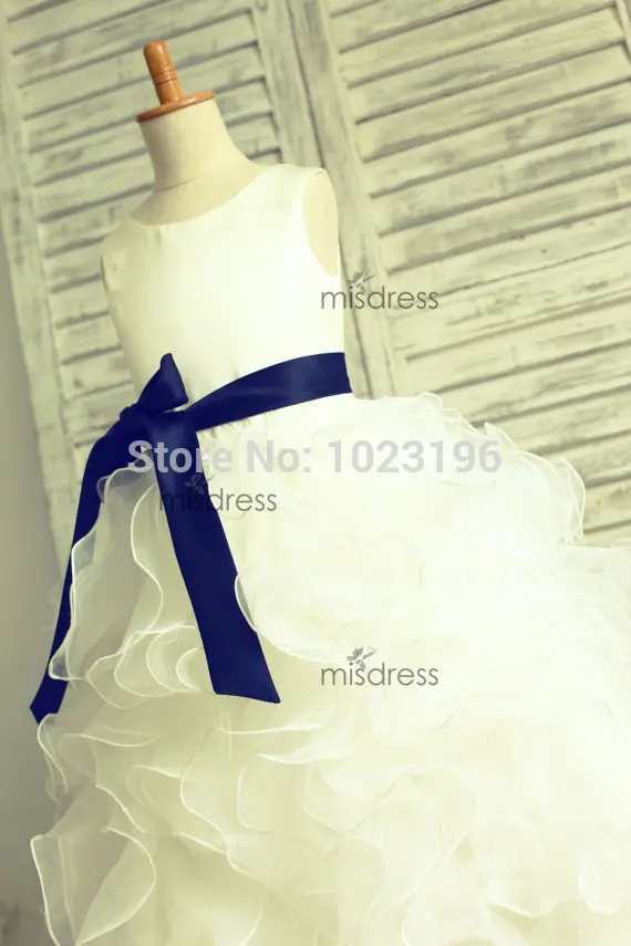 Organza Tutu Ruffles Flower Girl Dress Navy Blue Sash Wedding