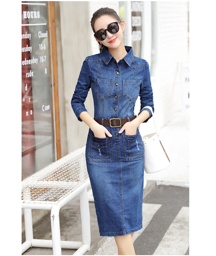 Джинсы с длинным рукавом стрейч Vestido платье Mulheres Manga Denim Com Bolsos Bodycon Vestido Elegante Повседневное платье размера плюс