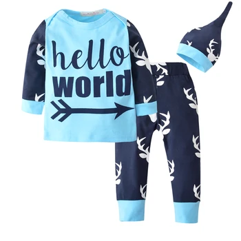 

Baby Boy Clothing Sets Newborn Baby Boys Clothes Cotton Hello World and Deer Printed Long Sleeve T-shirt+Pants+Hat Infant 3PCS