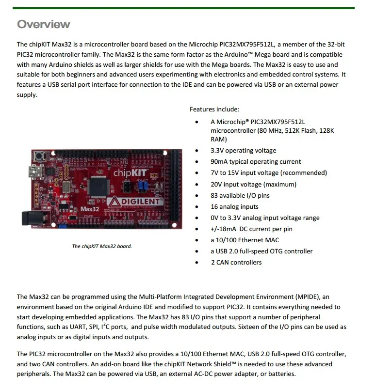 1 шт. x 410-202 комплект разработки PIC/DSPIC chipKIT Max32 прототипирование платформы оценки Arduino, Microchip PIC32MX795F512