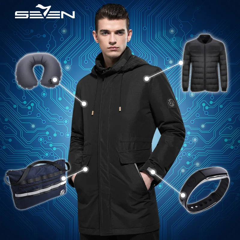 Seven7 Mens Smart Travel Jacket Hoodie 17 Pockets Long Down Jacket Coat 2 Pieces Waterproof 