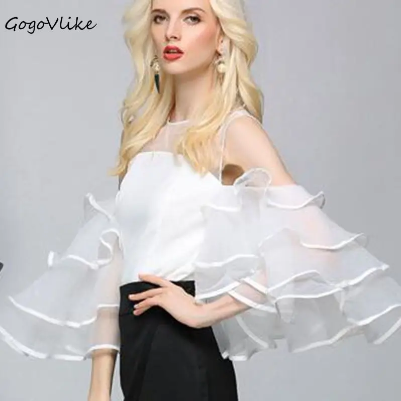 

Sexy Perspective Ruffles Sleeve mesh Tops Hollow Out 2017 women Open Shoulder OL Blouse Shirt camisa preta Korea Styles LT366S20