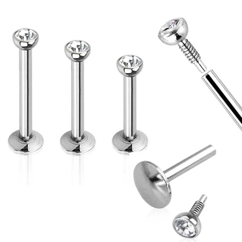 2PCS Surgical Steel 16 Gauge Lip Rings Labret Piercing Bar Crystal Body