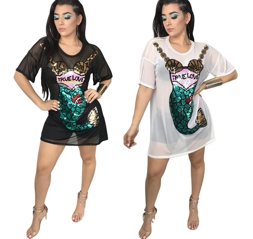 

Women Cartoon Print Tshirt Dress Short Sleeve Mesh Sequins Dress Sexy See Through Summer Dresses Vestidos
