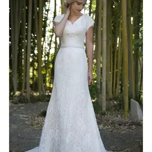 Vintage Champagne Lace sirena vestidos De novia modest 2019 mangas De casquillo con botones en la espalda Vestido De novia con cuentas cinturón Robe De Mariage