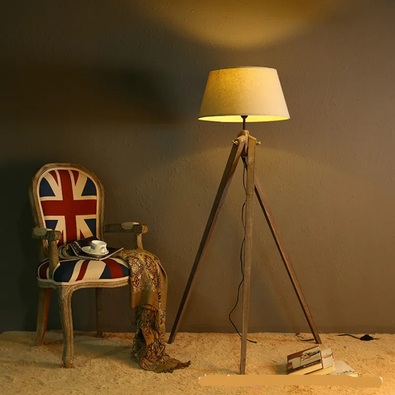 

American Retro Vintage Loft Wood Fabric Tripod Led E27 Floor Lamp For Study Bedroom Living Room Deco H 149/155cm 2278