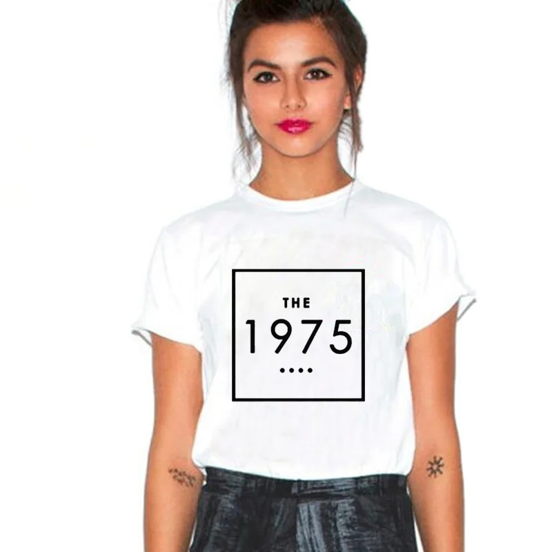 1975 إلكتروني طباعة تي أبيض وأسود سيدة قمم س الرقبة قصيرة الأكمام تي شيرت القطن camisetas موهير