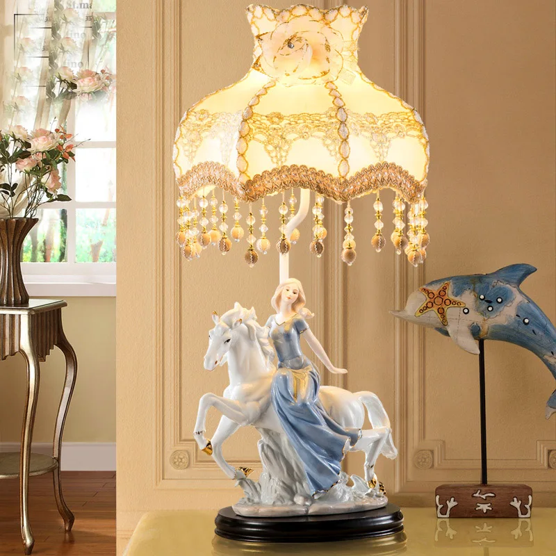 

Horse Riding the girl Table Lamp Fabric Lampshade LED Lamparas de mesa Ceramic Desk Light E27 Lighting Deco Luminaria de mesa
