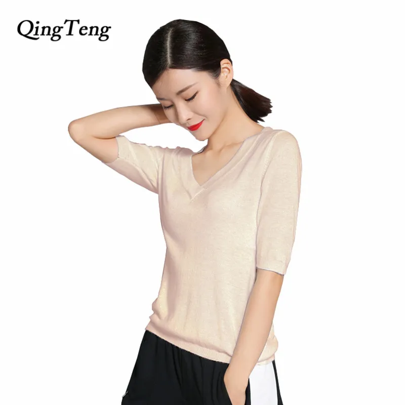 

2018 New Summer Women's Cashmere Sweaters V Neck Short Sleeve Knitted Pullover Tee Base Wool Cashmere Brand Sweater Women Jumper