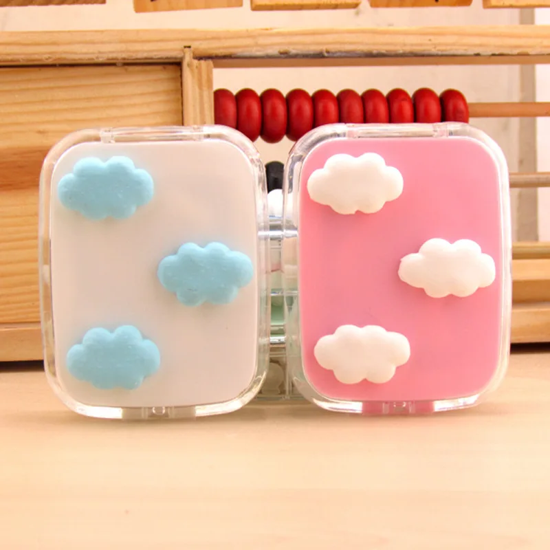 

10pcs fashion Lovely beautiful DIY cloud contact lens case With the mirror Lenses box plastic Nursing box Random mix 7.5*6.3*2cm