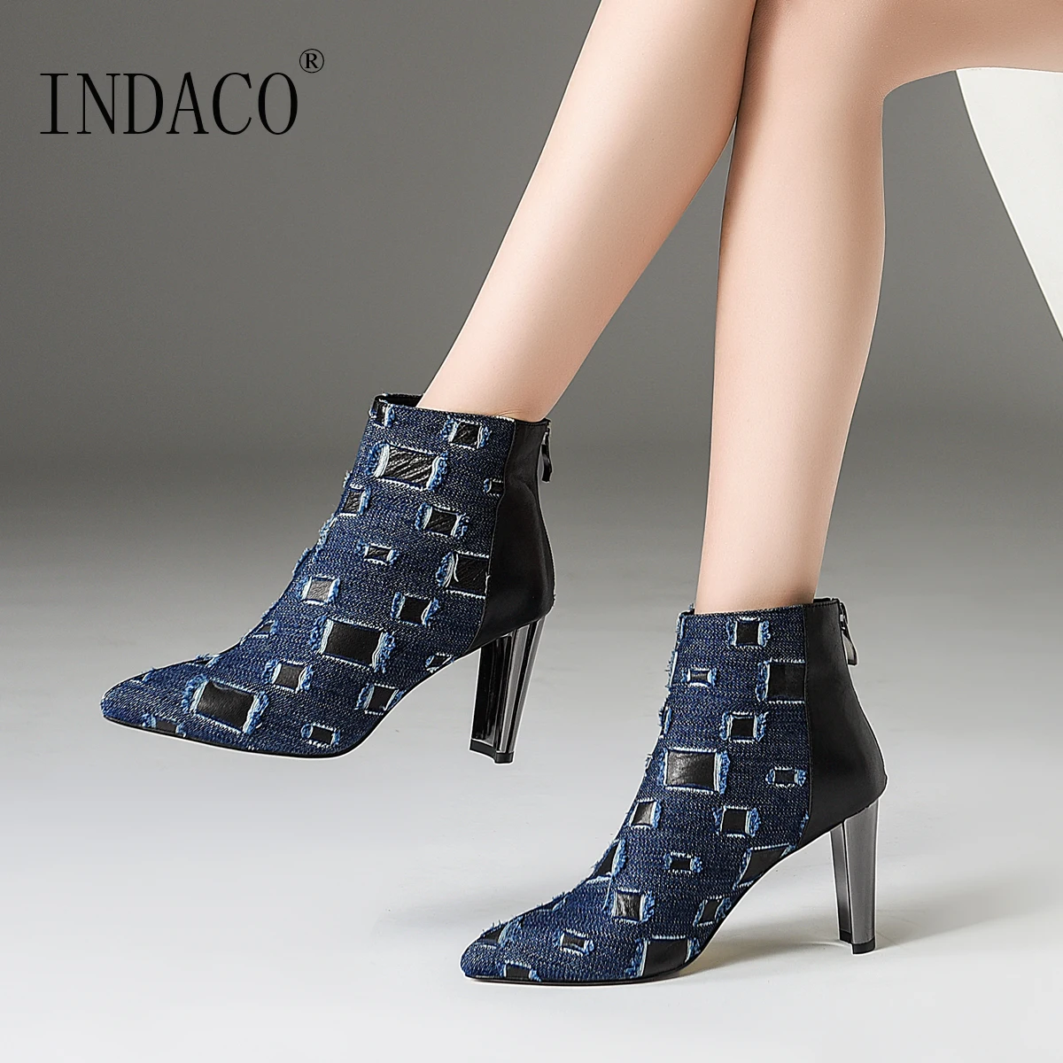 

Denim Hole Leather Ankle Boots for Women Fashion Winter Boots Women Plating Heel Zipper 8cm Big Size