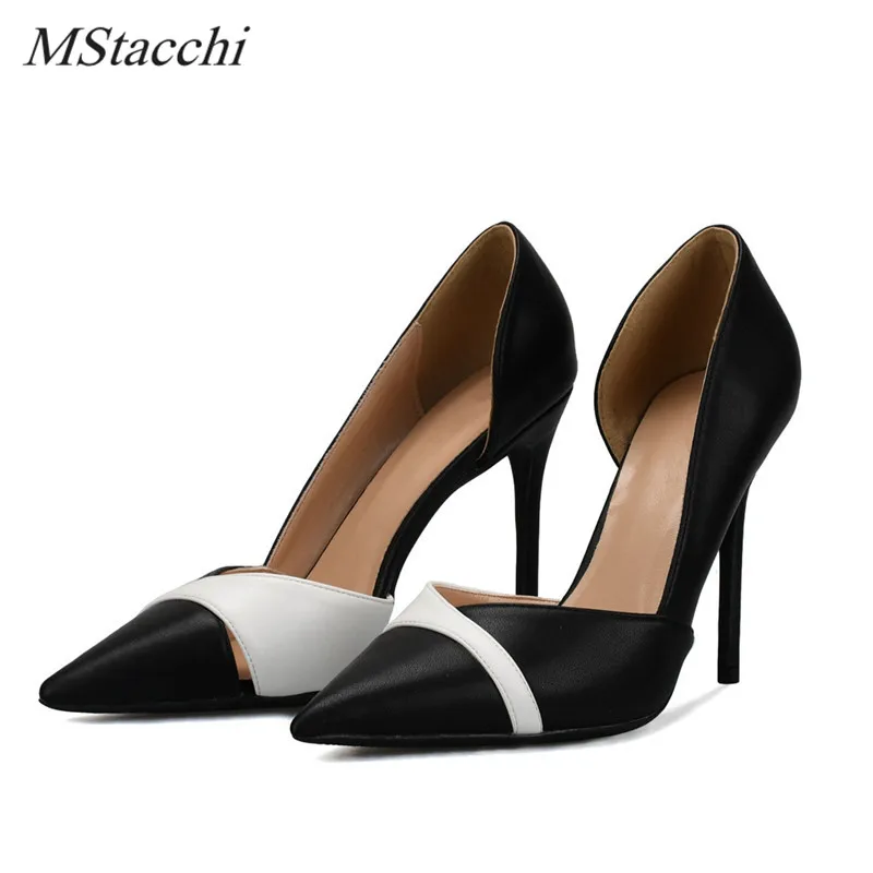 

Mstacchi Black White Ladies Working Shoes Simple Women High Heel Pumps Shallow Pointed Toe Thin Heels Shoes Spring Autumn Shoes
