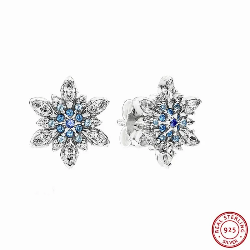

Winter Collection Real 925 Sterling Silver Blue Crystals & Clear CZ Crystalized Snowflake Stud Earrings for Women Jewelry FLE050