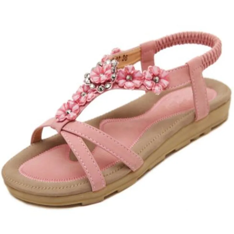 

Bohemian Summer Shoes Sweet Womens Flowers Flat Sandals High Quality Rhinestones Casual Flats Plus Size 35-42 Sandalias