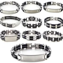 Женский мужской унисекс браслет из нержавеющей стали, черный резиновый Серебряный Браслет-манжета, браслет-цепочка, браслет 8,5"