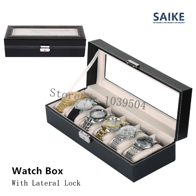 Lateral Lock 6 Grids Brand Watch Box Black Leather Display Box With Key