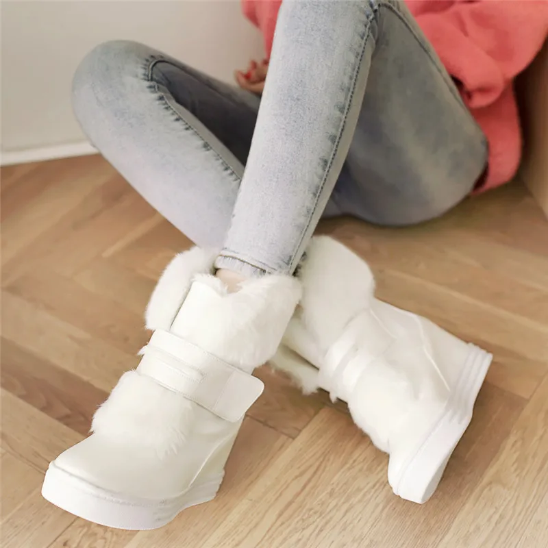 

YMECHIC 2018 Faux Fur Tassel Women Winter Boots Hook Loop High Wedge Heels Platform Ladies Snow Boots Shoes Pink White Plus Size