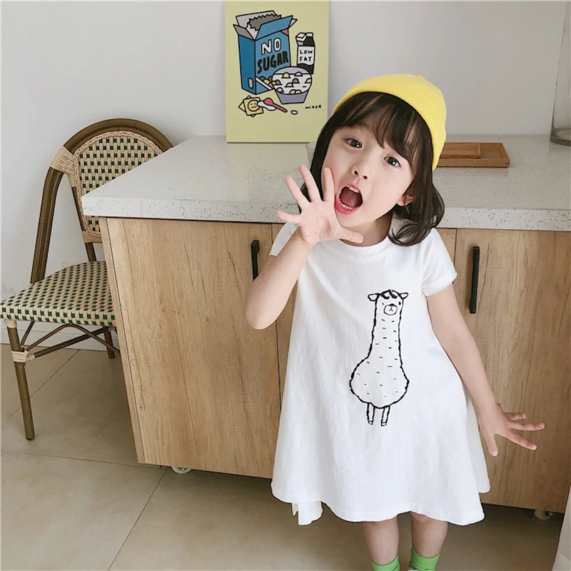 

MYUDI 2019 Girls Fashion Summer Long T-shirt Dresses Short Sleeve Alpaca Sweet Girl's Brief Basic White Casual Dress