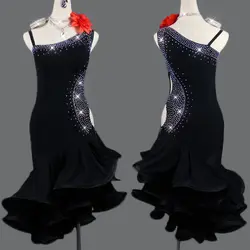 Новое латинское танцевальное платье для женщин, черный полный горный хрусталь с плавающей клубной вечерние танцевальные профессиональные