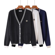 Весна и лето Новая женская Свободная трикотажная блузка с вышивкой пчелы с длинным рукавом в черно-белую полоску