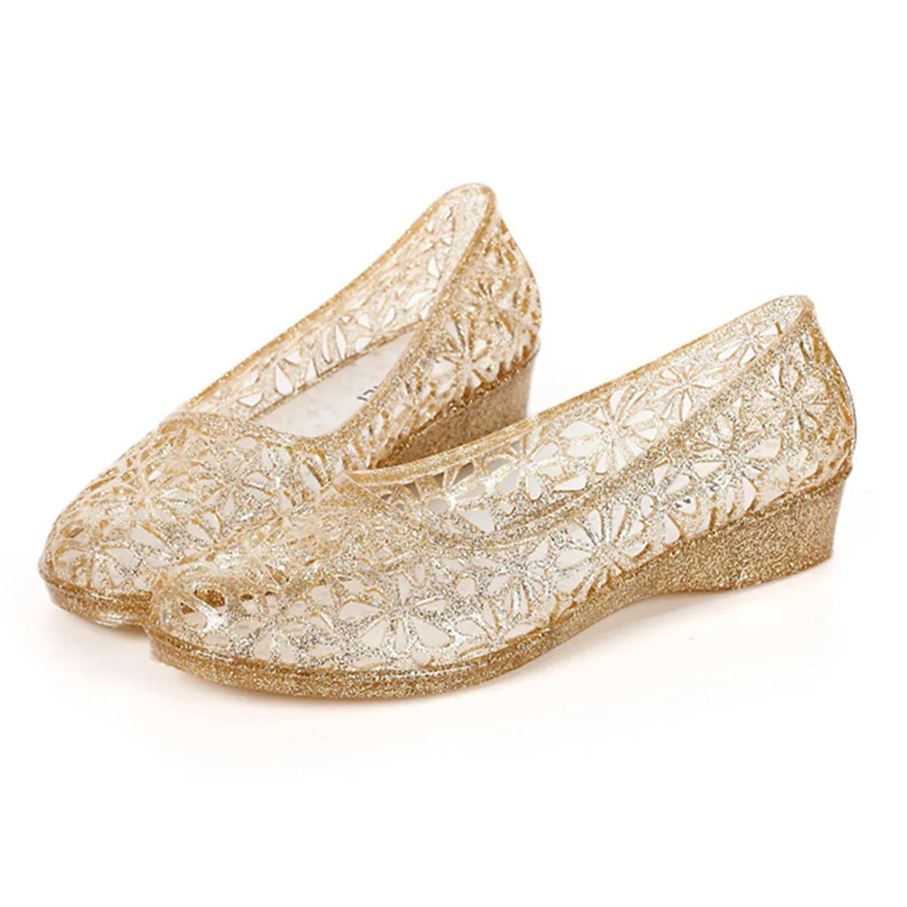 Открытые летние сандалии женские босоножки на танкетке с открытым носком Милая прозрачная обувь Женская Популярная летняя обувь для женщин, размер 36-40 - Цвет: Золотой