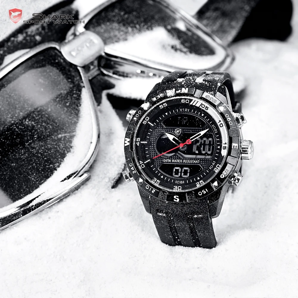 Hooktooth SHARK Alarm Auto Date Cool Men Clock Black Silicone Strap Band Analog Digital Display Chronograph Sport Watches /SH597