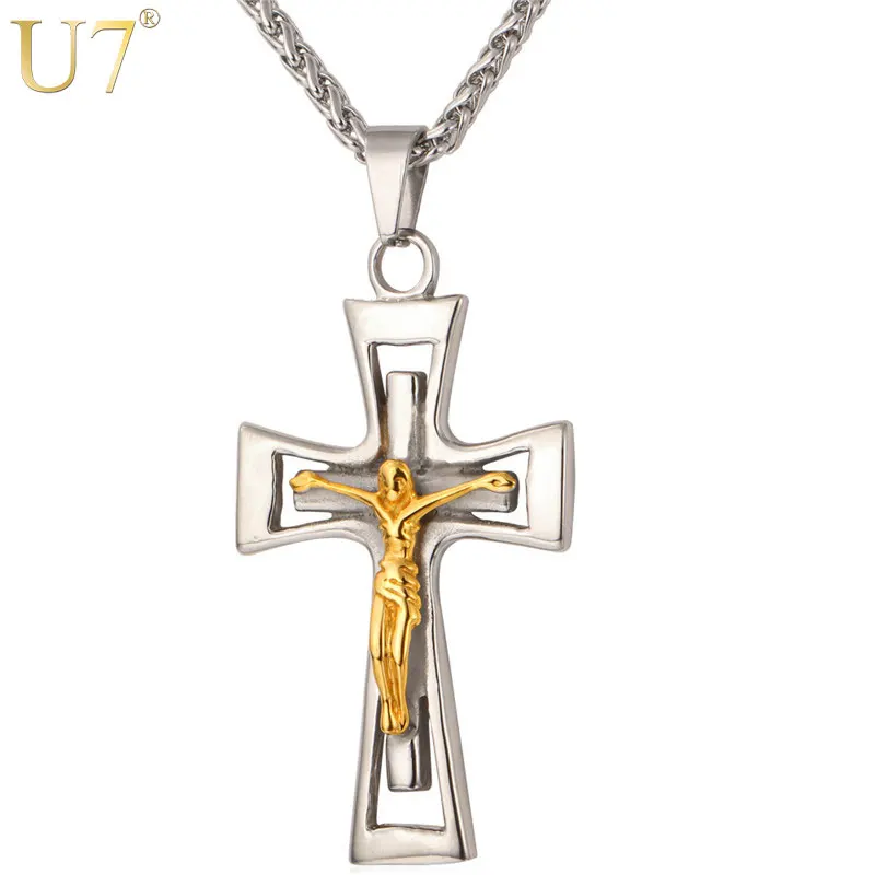 

U7 Crucifix Cross Jesus Necklace For Men/Women Christmas Gifts Stainless Steel Cross Pendants Religious Christian Jewelry P531