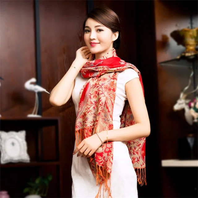 Осень зима длинный платок шарф модный Национальный стиль платок, женский шарф из пашмины женский шарф с кисточками женские обертывания с цветами - Цвет: red