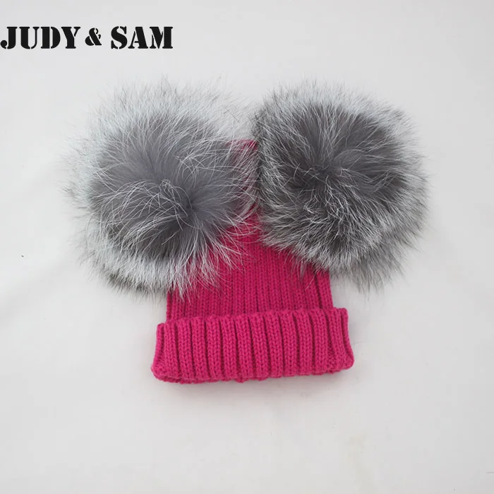 Новая стильная Зимняя шерстяная вязаная шапка для мальчиков с уникальным стильным помпоном из меха лисы для девочек - Цвет: rose