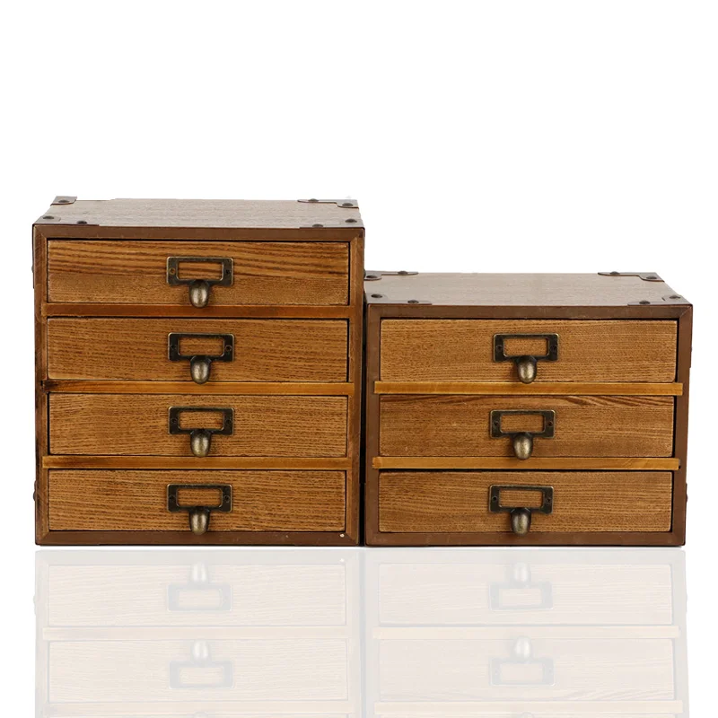 

Retro wooden multi-layer desktop storage box drawer type household ornament storage cabinet combined storage box