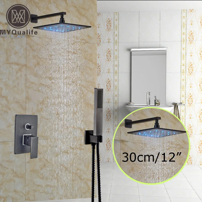 

Single Handle Bathroom Shower Set Faucet Mixer Taps 12" LED Color Changing Showerhead + Handshower