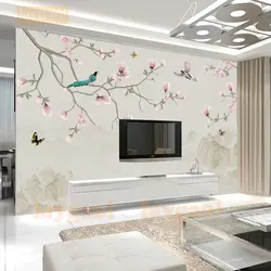 Фото обои Новая китайская живопись цветы манголии настенная Фреска птицы обои papel де parede 3d обои