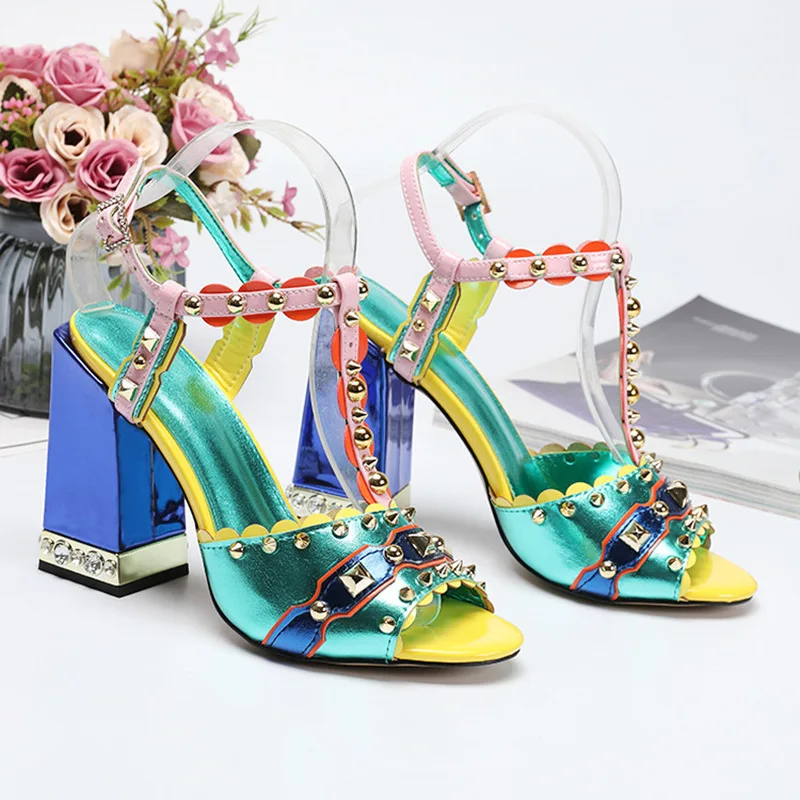 Stylesowner/Новые Зеленые дизайнерские женские сандалии наивысшего качества удобные Свадебные Вечерние туфли на высоком толстом каблуке с заклепками и открытым носком