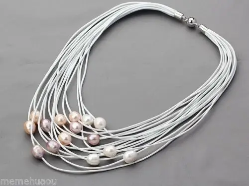 Hot sale new Style &gt&gt&gt&gt&gt11-12mm White and pink Freshwater Pearl on Multi-Strand Leather Women Necklace | Украшения и