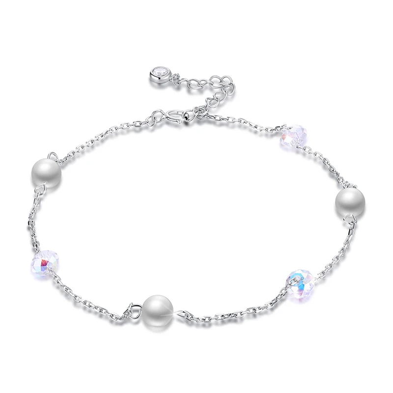 

SHEON Hot Sale Simple Crystal & Pearl Link Anklets 925 Sterling Silver Bracelet for Foot Jewelry Silver Female Leg Chain