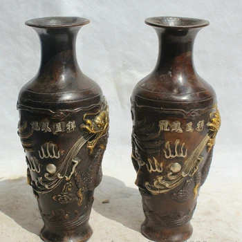 

song voge gem S1649 8" Marked Chinese Dynasty Bronze Silver Gild dragon flower Bottle Vase Pair
