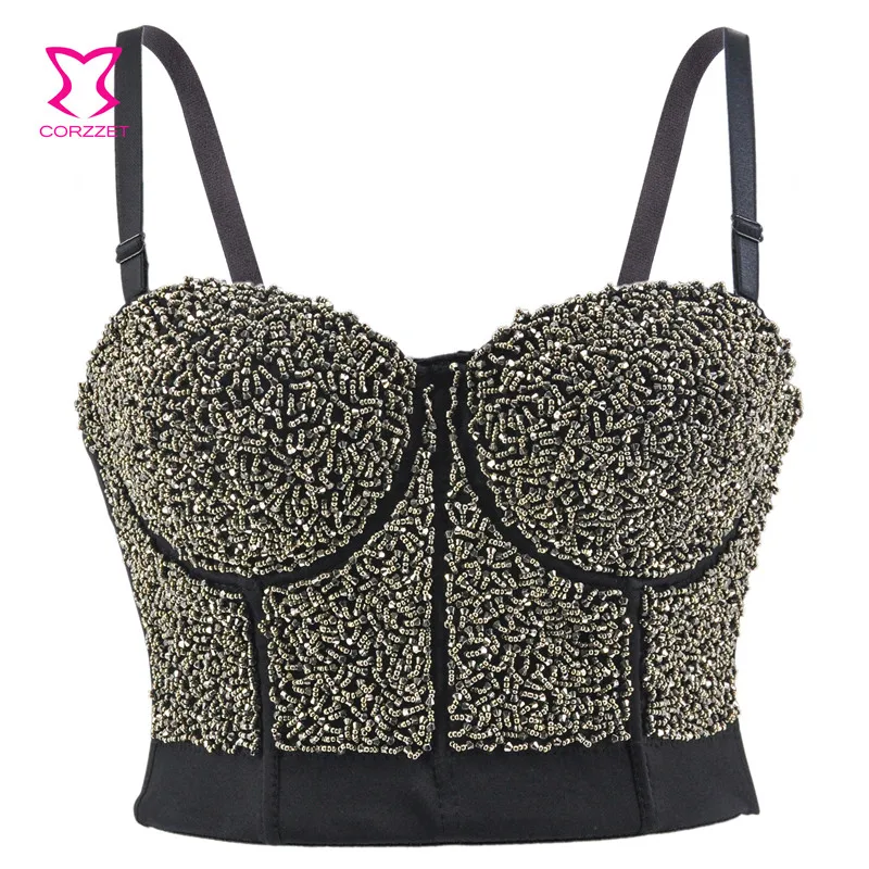 

Black Gothic Women Crystal Beading Diamond Push Up Bustier Crop Top Corset Tank Vest Sexy Lingerie Bras PartyNight Club Bra