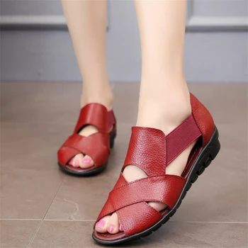 

2018 summer new sandals genguine leather soft bottom sandals flat with flat antiskid mother summer shoes plus size 35-42