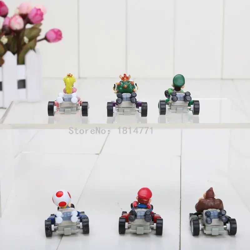 6Pcs Super Mario Kart Luigi PVC Figura Four Wheels Pull Back Auto Bambola Toy